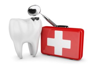 Illustration of a damaged tooth next to an emergency kit and a dental mirror